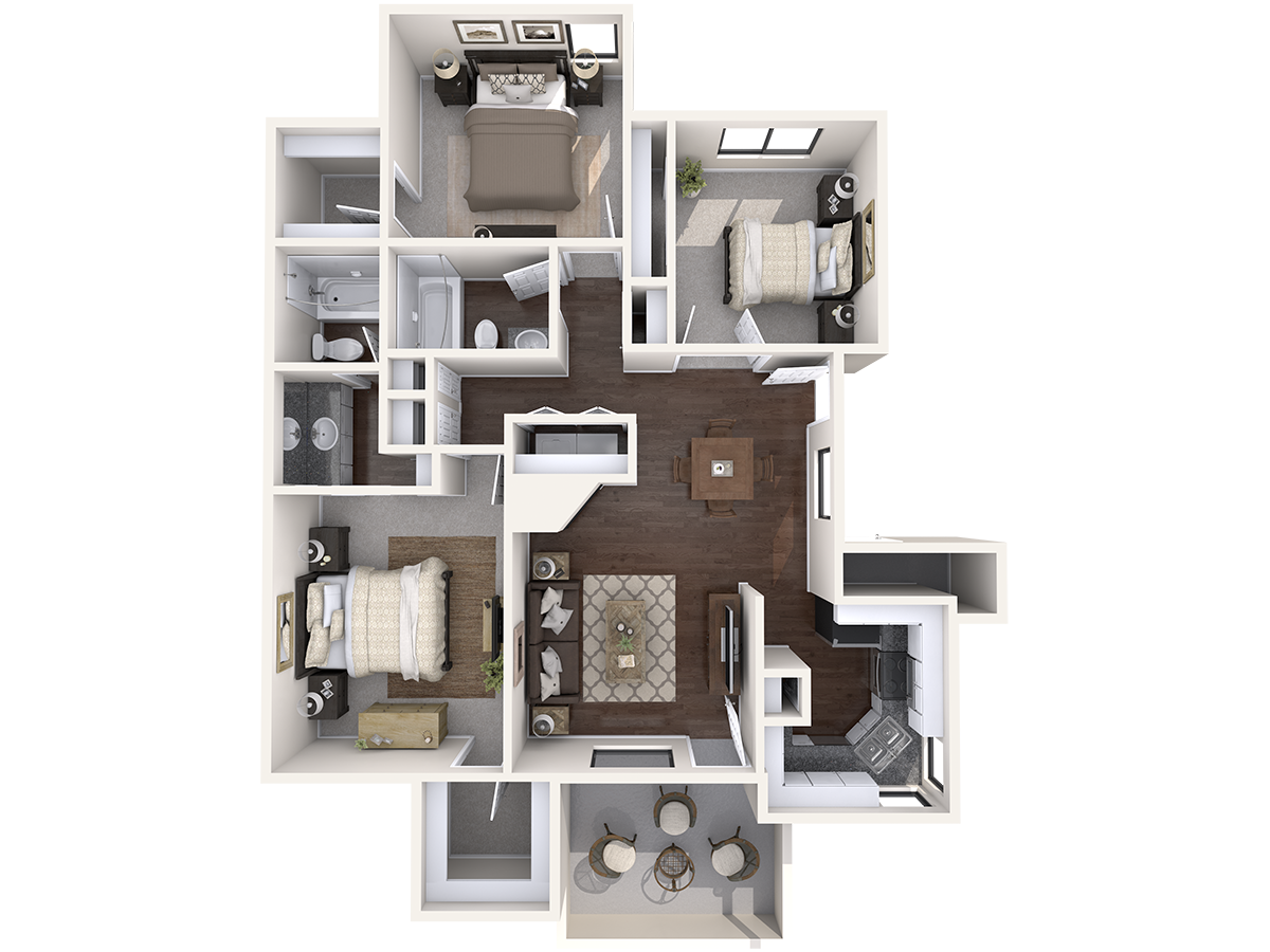 Floor plan for 3 beds, 2 baths, 1231 sqft